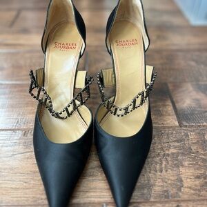 Charles Jourdan Black Satin Heels with Beaded Strap